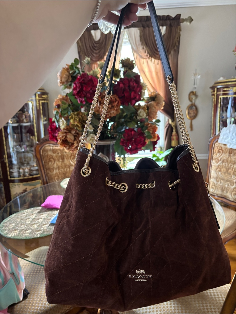 Coach Dark Brown Suede Shoulder Bag with Gold Chain Straps